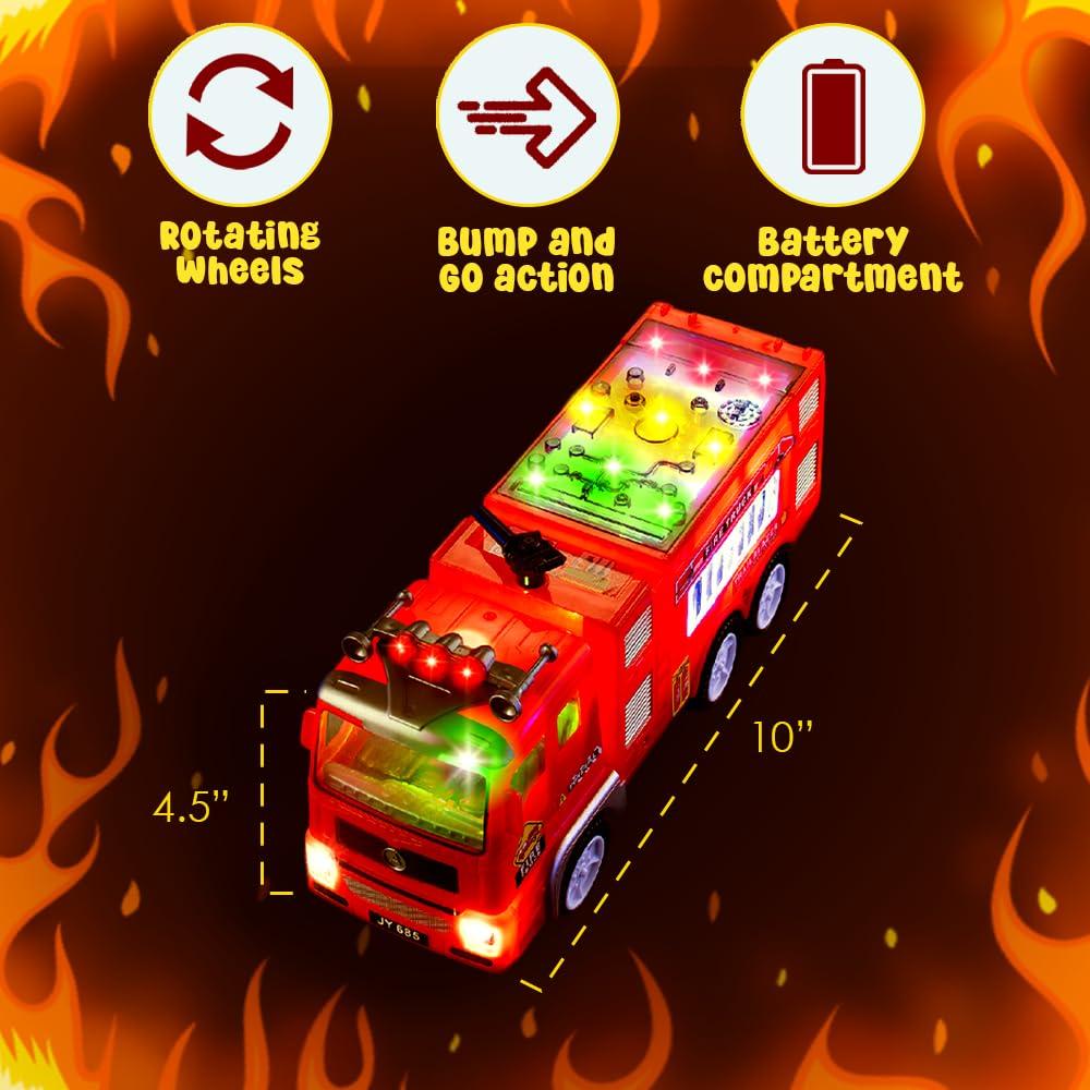Zetz Brands Electric Fire Truck Toy for Kids - Bright Flashing 4D Lights and Realistic Siren with Sounds  Bump and Go Fire Truck for Boys  Auto