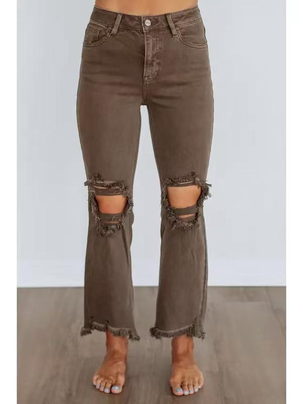 

Women s High Waist Retro Flare Jeans with Knee Rips and Raw Hem Small темно-коричневого