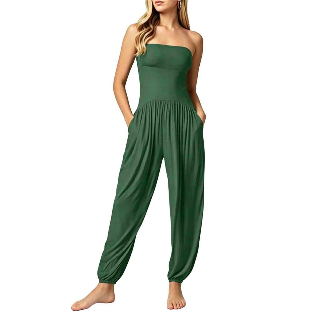 Damen Ärmellos Trägerlos Jumpsuit Elastische Taille Tasche Lässig Lockerer Schnitt Strampler Vollbeinige Hose