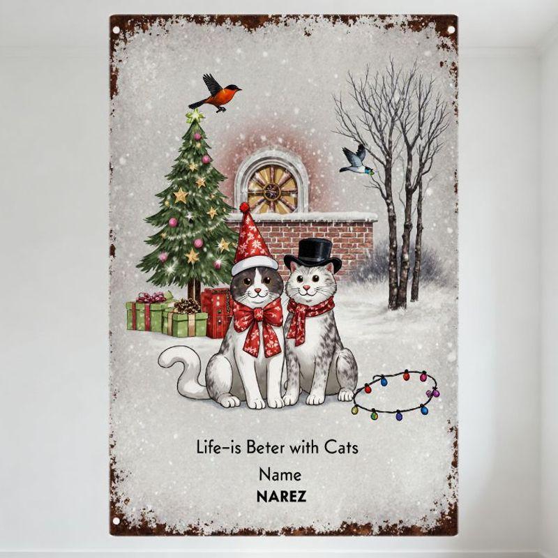 

Vintage Winter Christmas Cats Metal Sign Life is Better with Cats Snowy Scene Santa Hat Cats Tin Sign for Home Wall Decor Bar 20x30cm（7.8x11.8inch）