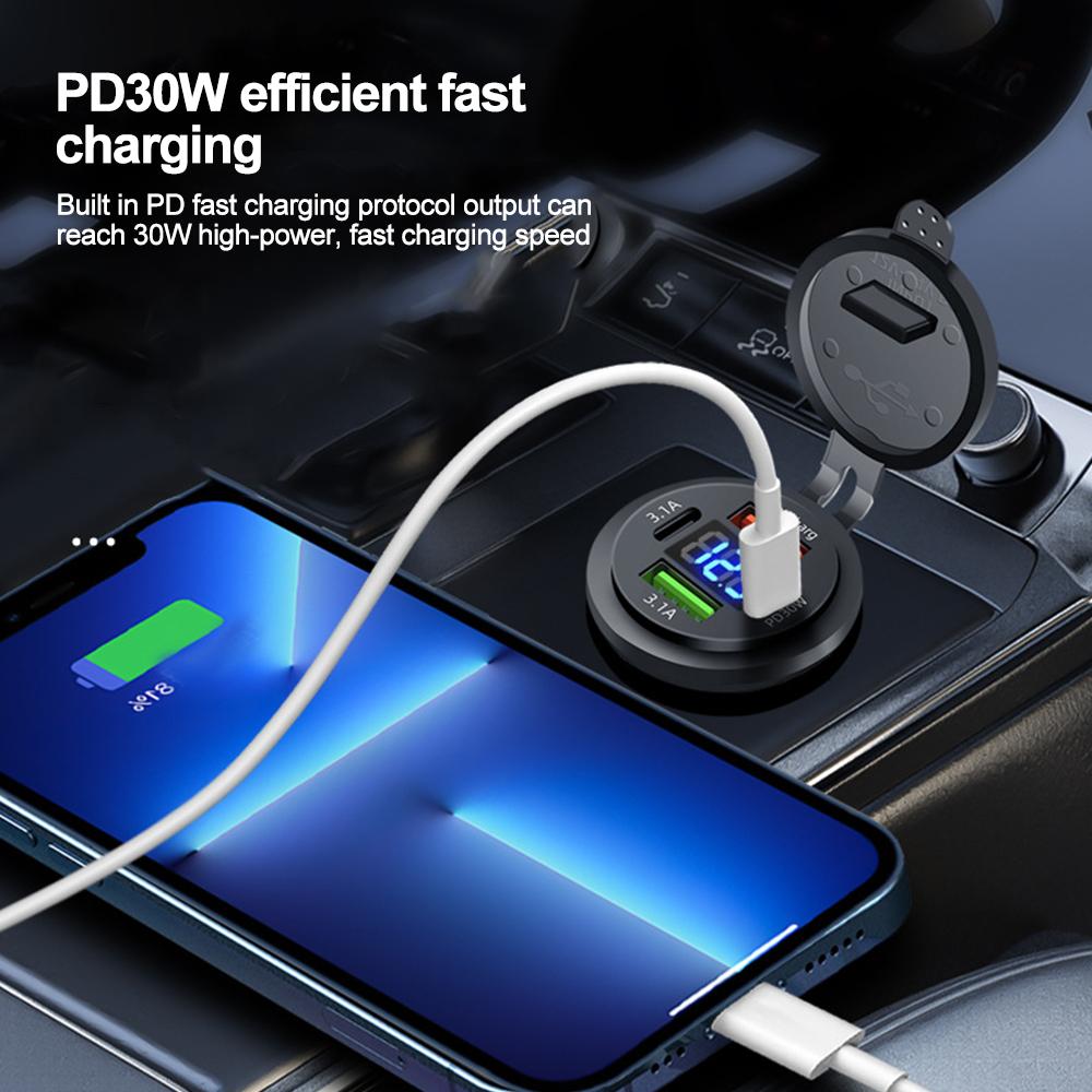 4-Ports 86W Car Charger PD Type C QC3.0 Fast Charging with Voltmeter Power Outlet Adapter Waterproof 12V/24V for Car Boat