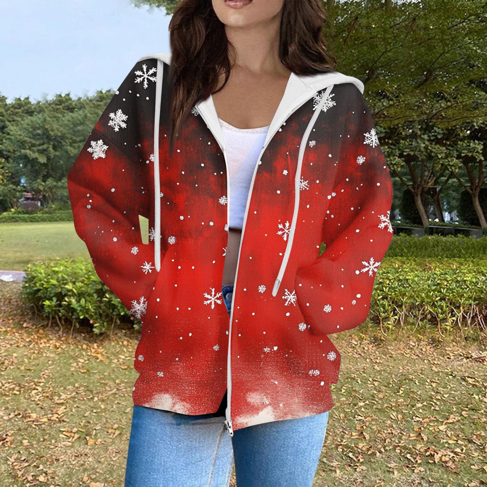 

Женская модная повседневная толстовка с рождественским принтом и длинными рукавами, карманная куртка, пальто с капюшоном на молнии XL