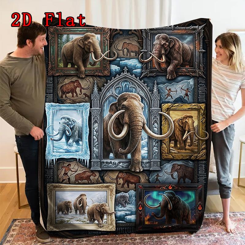 Prehistoric Mammoth Collage 2D Flat Pattern Flannel Blanket, High quality All Seasons, Home Decor, Warmth and Comfort, Perfect for Christmas Gifts.