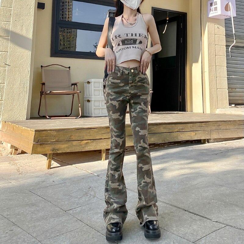 

2022 осенняя мода ретро повседневные узкие джинсы-клеш камуфляжные женские брюки с высокой талией Harajuku High Street узкие шикарные джинсовые брюки S камуфляжный