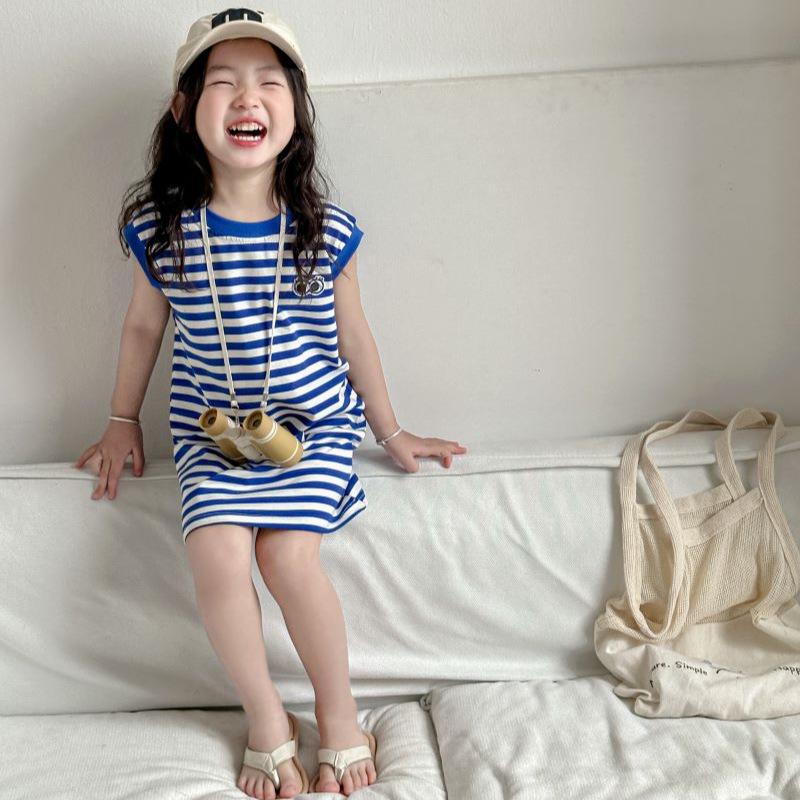 2024 Girls' Korean Style Navy Striped Sleeveless Mid-Length T-Shirt Dress