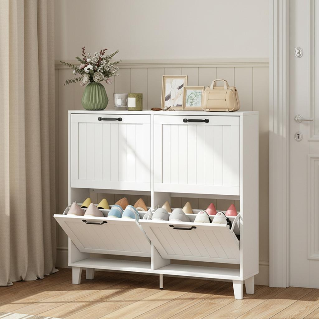 Space-Saving Shoe Cabinet, 4 Folding Drawers, Adjustable Shelves, White