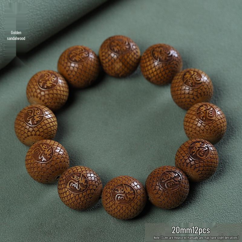 Golden Sandalwood Dragon Carved Multi-Treasure Men s Wood Prayer Beads Bracelet