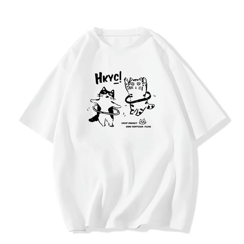 Damski bawełniany T-shirt z krótkim rękawem w retro wzór z kotkiem, kolekcja lato 2025