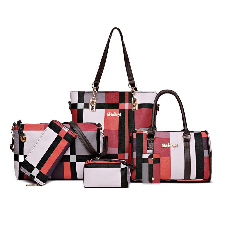New women s bag, classic plaid pattern six-piece set, mother and child bag, shoulder crossbody handbag, wallet, card bag. красный
