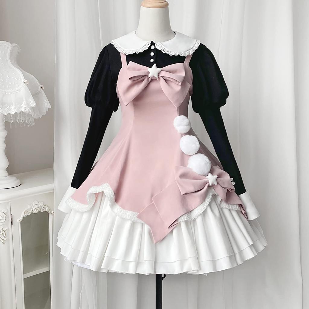 [Milky Time] 3-Piece Set: Lolita Dress, Jumper Skirt, and Power Shoulder Strap with Blouse (Pink x Black)