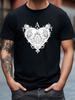 Gothic Floral Heart Graphic T-shirt - Black/White Contrast Stretch Tee - Breathable Cotton Blend Shirt for Gym