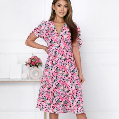 Neues Sommer Kurzarm Print Floral Damenkleid Elegant Slim Fit Vintage Rosa Freizeitkleider Damen Hohe Taille Mode Party Sexy Damenkleid 26099