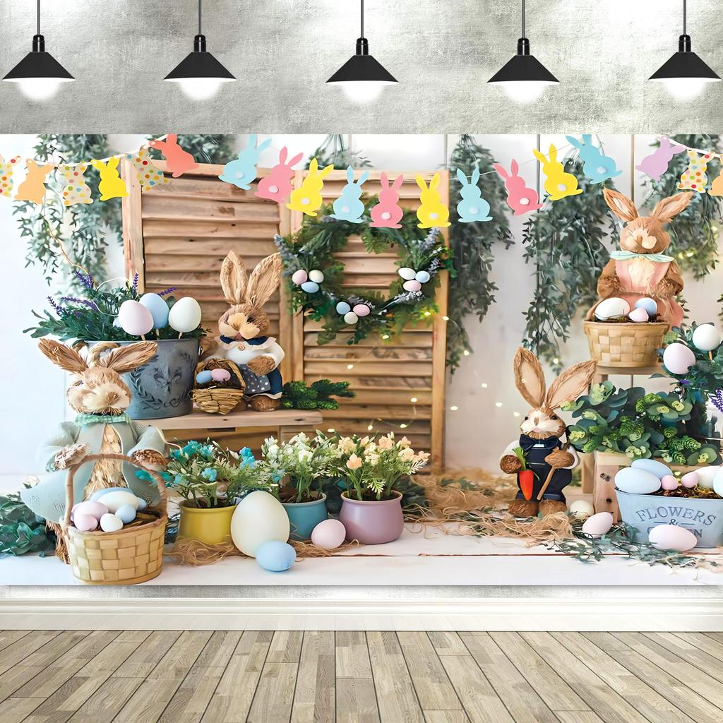 Spring Easter Photography Backdrop Garden Bunny Colorful Eggs Floral Grass Flower Stand Background Rabbit Flag Photo Tapestry