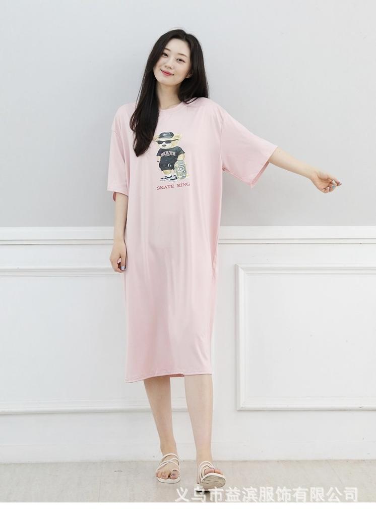 Korean version dress round neck comfortable nightdress women's casual fresh pleated short sleeve floral dress slim dress