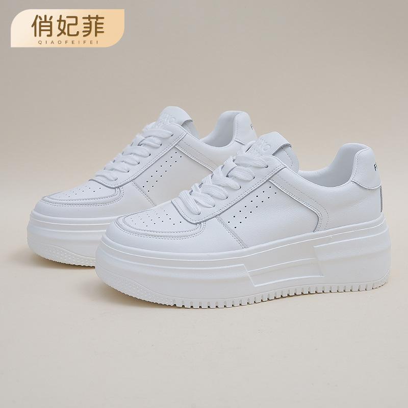 Leather platform white shoes women's 2025 spring new inner height increase breathable versatile casual women's shoes lace-up board shoes women