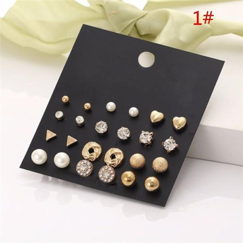 12 Pcs/Set Crystal Alloy Round Ball Gold Color Stud Earrings Vintage Silver Color Simulated Pearl Earring Set for Women