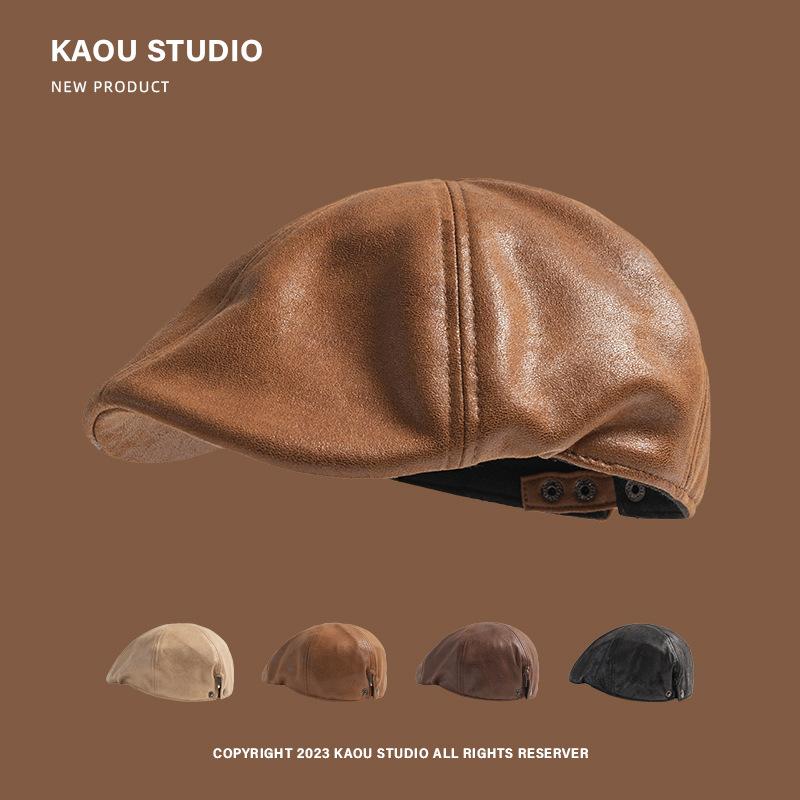 PU Leather Retro Japanese-style Forward Cap for Women, Versatile and Stylish for Autumn and Winter, Gradient Niche British Painter's Cap for Men