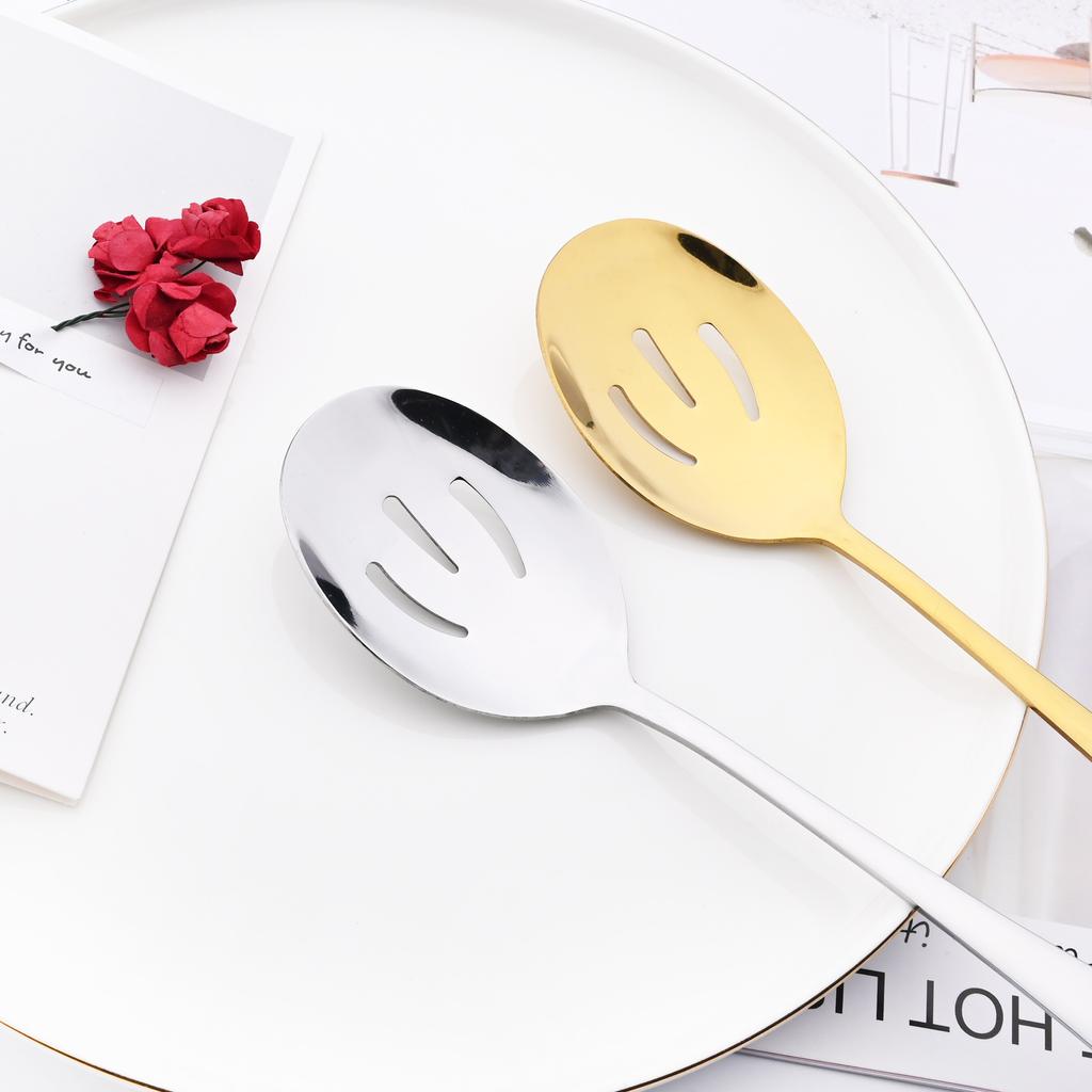 Silver 4Pcs Stainless Steel Cutlery Set Serving Utensils Buffet Catering Dinnerware Set Serving Colander Spoon Fork Flatware Set