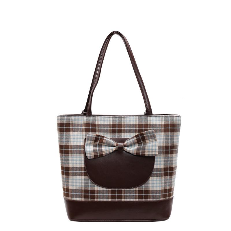 Premium Sense Large Capacity Backpack Bag Women'S Fashion Plaid Shoulder Bag Bow Cute Tote Bag