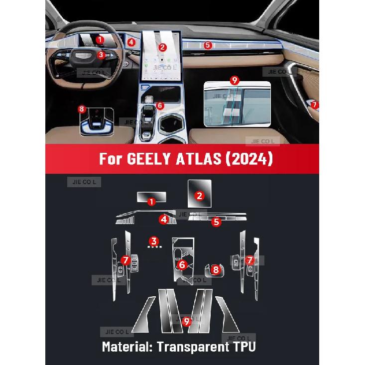 Anti-scratch Car Interior Center Console Media Dashboard Navigation TPU Protector Film For GEELY ATLAS 2024 2025