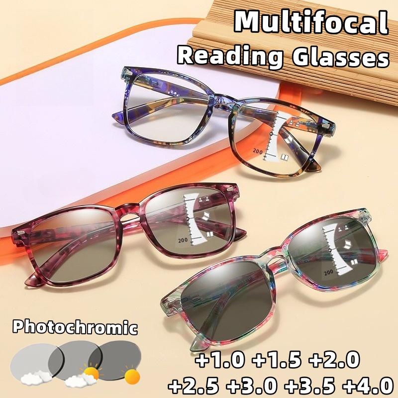 Stylish Print Photochromic Multifocal Reading Eyeglasses Hd Anti-Blue Lightweight Presbyopia Eyewear Diopters + 1 .0To+4.0