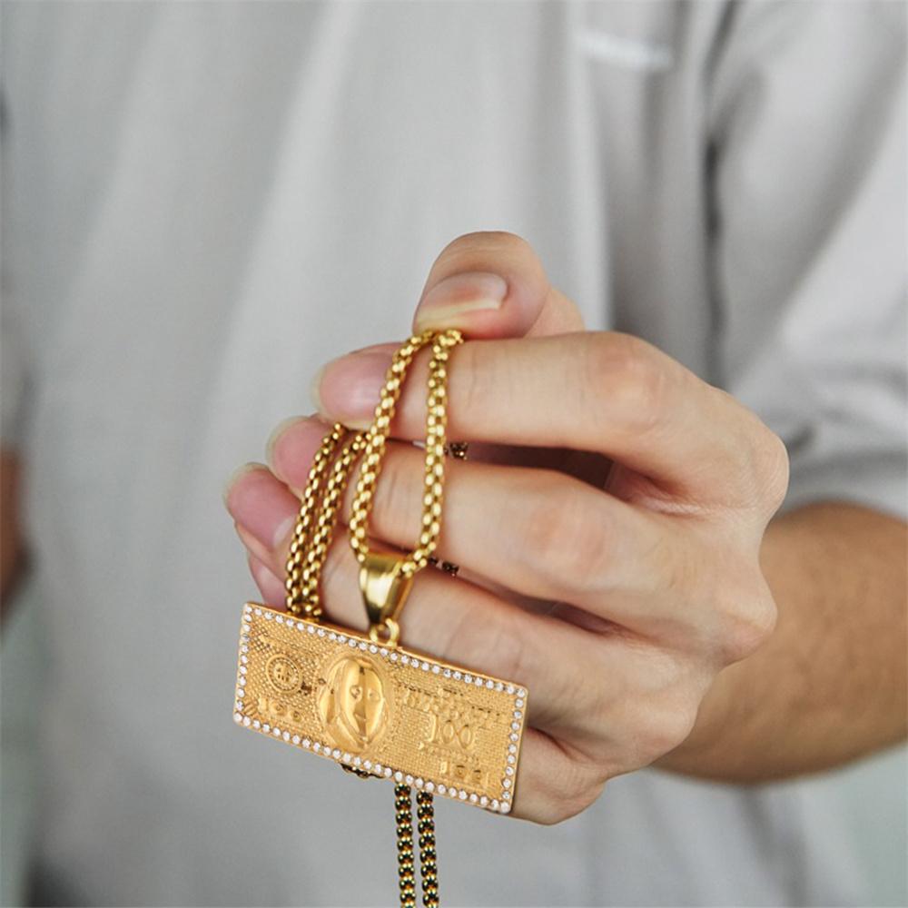 Hip Hop Iced Out Bling $100 Dollar Pendant Male Gold Color Stainless Steel Money Necklace For Men Hippie Jewelry Gift