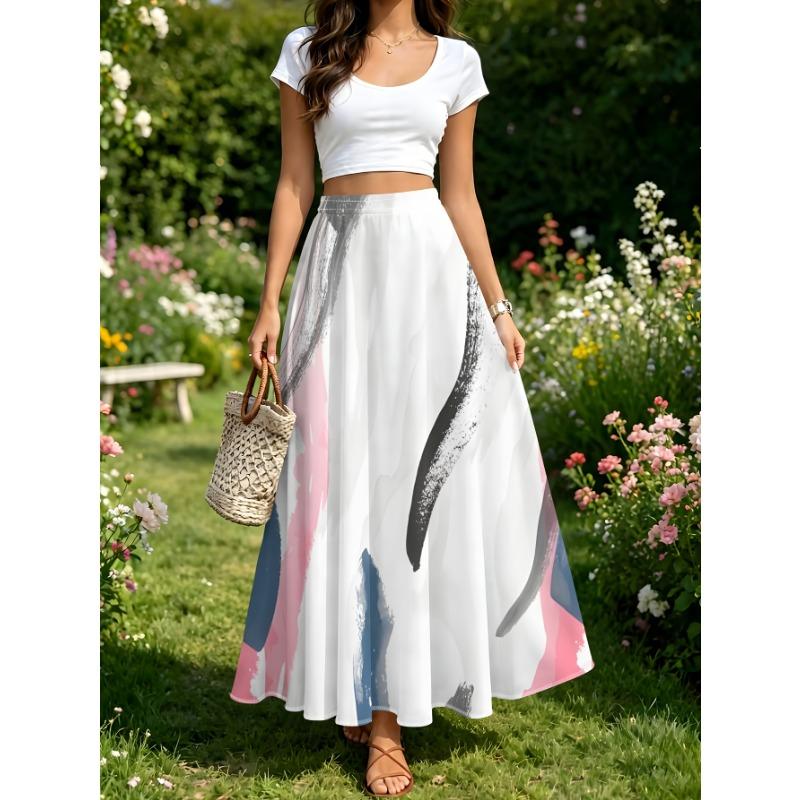 Gentle Retro Morandi Floral A-Line Midi Skirt, Elastic Waist, Loose And Long Casual Midi Skirt, Summer Casual Vacation Style