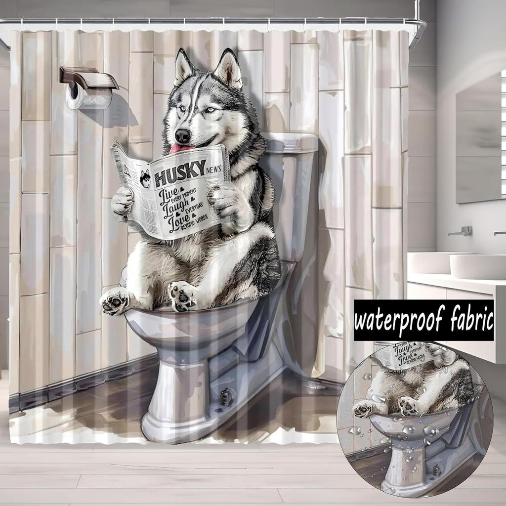 Funny Husky Shower Curtain Humor Husky Animal Sitting On Toilet Reading Newspaper Shower Curtains  Shower Curtain for Bathroom