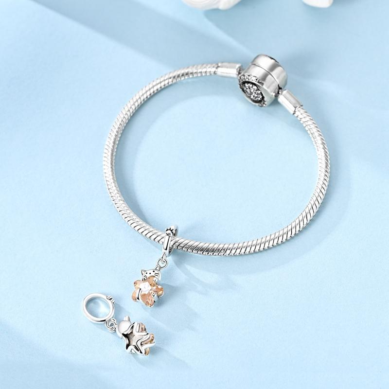 New In 925 Silver Cat Pendant Holding Stars Charm Bead Jewelry Fit Original 925 Bracelet For Women DIY Gift