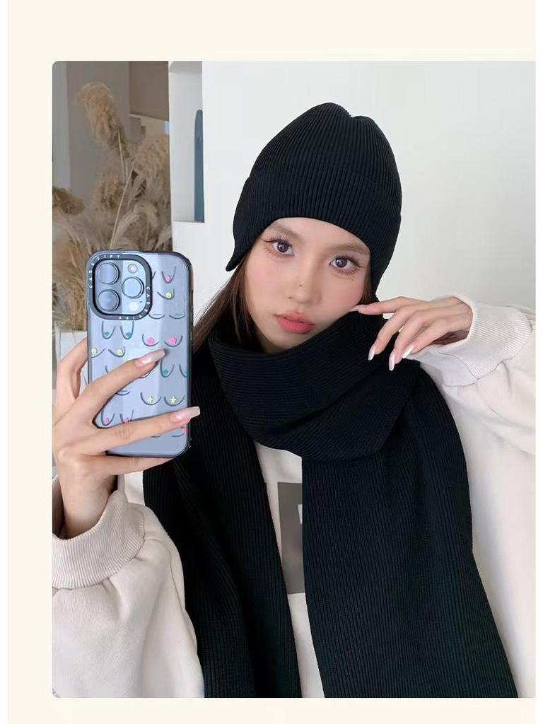 Cozy Wool Scarf & Beanie Set: Winter Warm, Windproof, Solid Color, Unisex Knit for Couples & Students