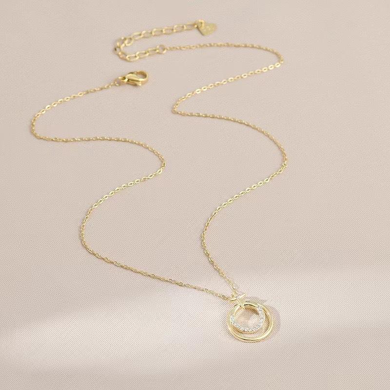 Double Ring Tetragonal Star Necklace Women'S Light Luxury Niche Design High Sense Versatile Round Pendant Collarbone Chain Jewelry Quality