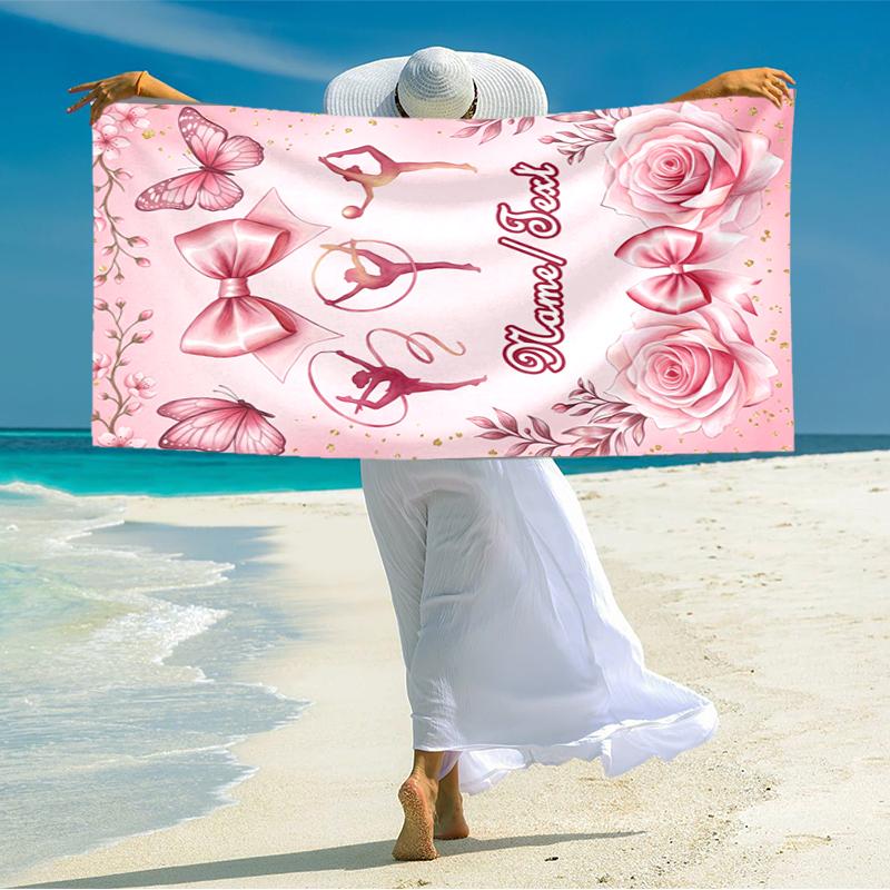 1PC Custom Name Dance, Butterflies, Roses Beach Towel Highly Absorbent And Sand-Resistant Towel for Swimming, Pool, Yoga, And Travel Lightweight