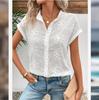 Women Summer Ruffles Short Sleeve Lapel Solid Color Embroidery White Shirt Top