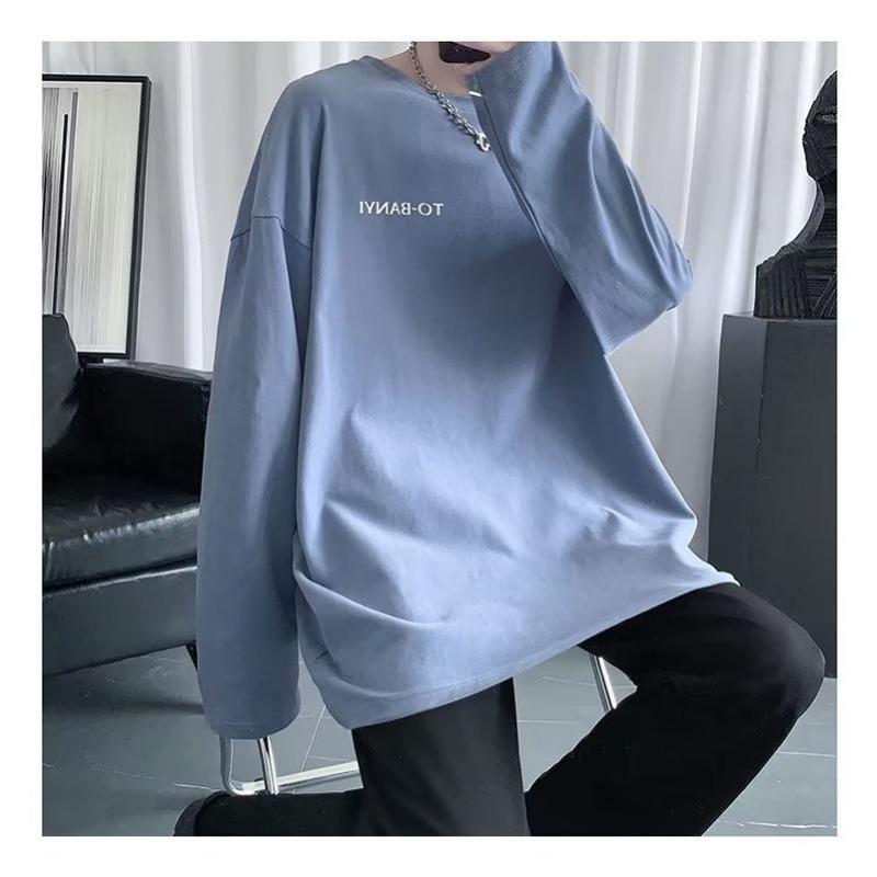 Men S Loose Long Sleeve Round Neck Casual Printed T Shirt Daily Inner Wear Top