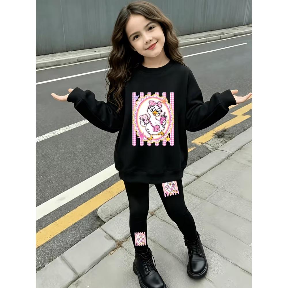 Girls' Cute Cartoon Duck Casual Comfortable Soft Loose Pullover Sweatshirt and Leggings 2-Piece Set, New Autumn/Winter, Playful, Sweet and Cool Style