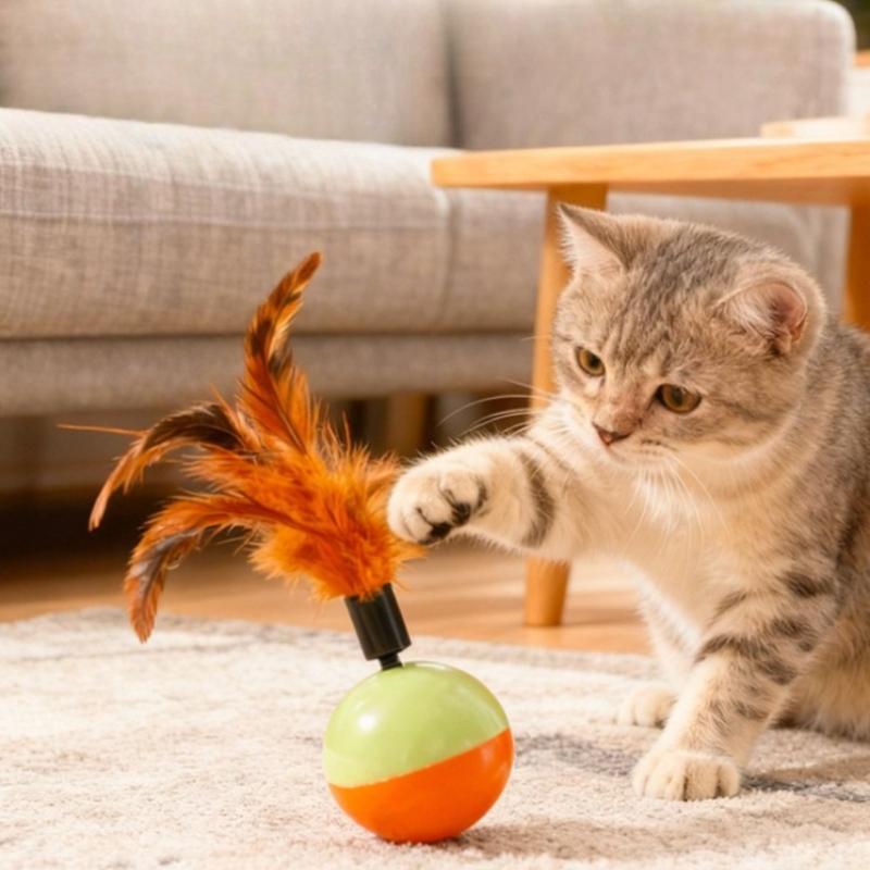 Cat Teaser Toy Feather Ball Wobble Doll Sounding Interactive Kitten Toy Teeth Cleaning Bite-resistant Cat Toy Supplies
