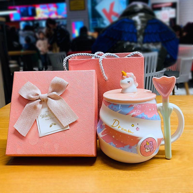 Einhorn Regenbogen Keramiktasse mit Deckel & Löffel - Niedliche Trinktasse für Mädchen