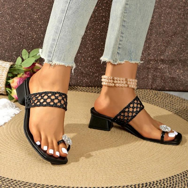 2025 Hot Sale Summer Square-Toe Mid-Heel Thong Sandals Hollow Weave Rhinestone Dressy Outdoor Women's Classics Slippers