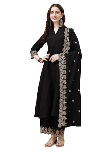 Pratham Blue Women'S Silk Embroidered Anarkali Kurta With Palazzos And Dupatta (Pb-6060-S_Black)