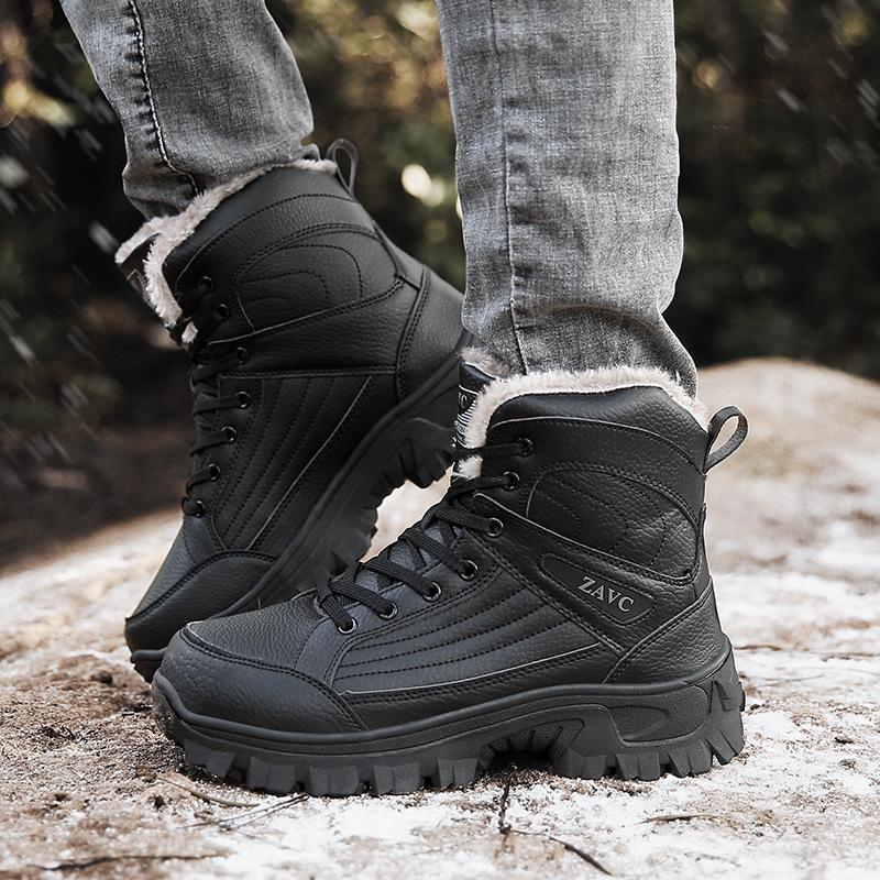 Northeast Herre Svarte Vanntette Sklisikre Høye Snøstøvler - Kuldebestandige, Slitesterke, Fløyelsforede, Bomullssko med Tykk Såle