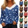 Women's Long Sleeve Christmas Print V-Neck Top with Plush Collar for Winter