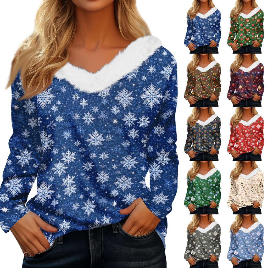 Women's Long Sleeve Christmas Print V-Neck Top with Plush Collar for Winter