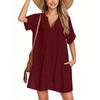 Women's Fashion Smock Casual Short-sleeved V-neck T-shirt Dress Holiday Beach Dress