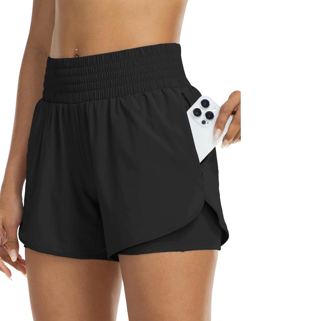 Women's High-Waisted 2-in-1 Quick-Dry Shorts with Zipper Pocket Elastic Waist for Workout Running Gym Yoga Fitness Sportswear