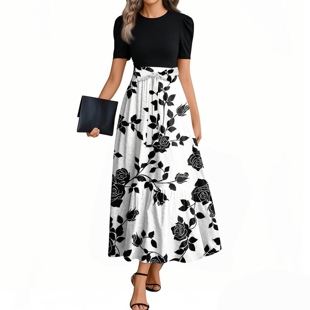 Women's Floral Print High Waist Fashionable And Elegant Dress