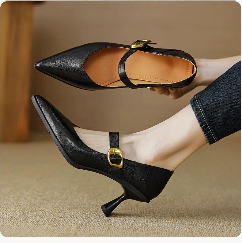 Franskt temperament mjukt läder mellanhäl grunda skor mångsidiga högklackar för kvinnor spetsiga enkla damskor