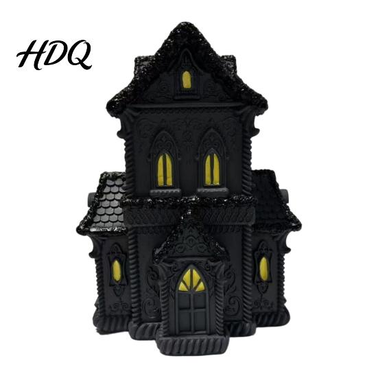 Gothic Home Decor Accessories Lighted Halloween Village House Statue with LED Light, Black Spooky Figurine for Tabletop Holiday Atmospheric