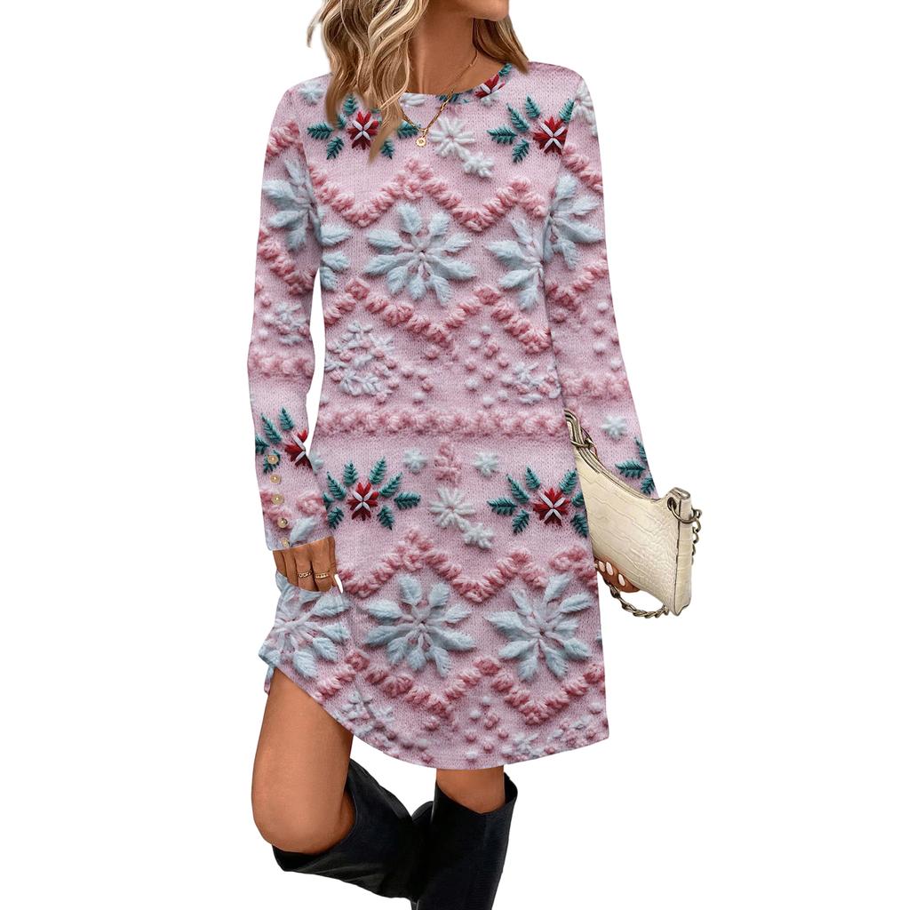 Women's Fashion Casual Dress With Pockets, Decorative Buttons, Christmas Prints, Round Neck And Long Sleeves