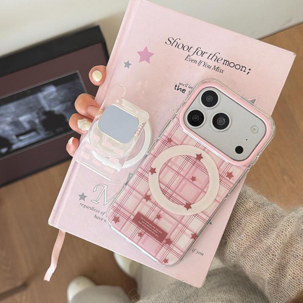 Korean-Style Pink Plaid Star Phone Case for iPhone 16/15/14/17 Pro Max 