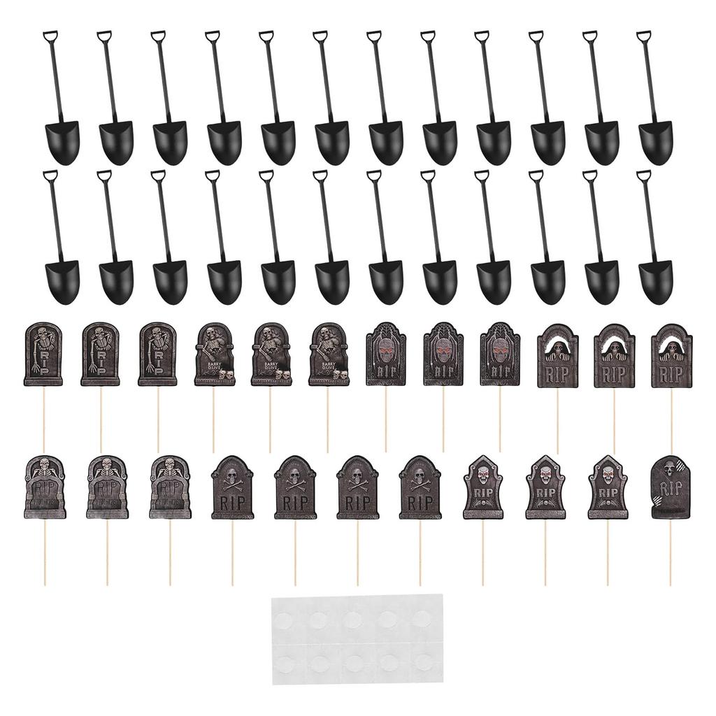 48Pcs Spookys Graveyard Cake Decorations Tombstones Cupcake Toppers And Mini Shovel Spoons For Halloween Treats